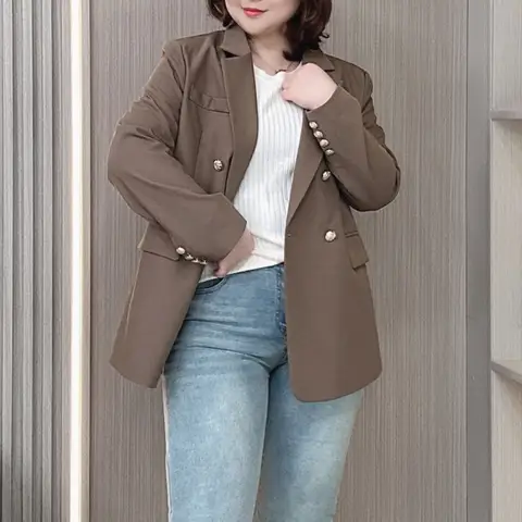 여성용 세트 재킷, 캐쥬얼 영국 스타일, 루즈 템퍼러먼트, 메탈 더블 브레스트 블레이저, 2024 용수철, 가을 플러스 사이즈, 신상