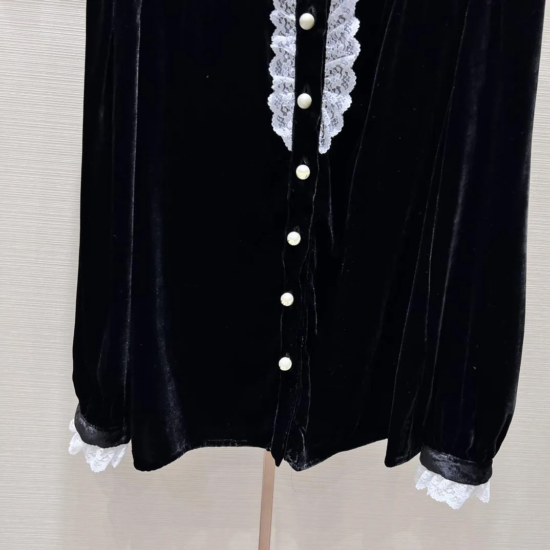 2024 schwarze Samt Spitze Frauen Bluse Hemd Tops Runway Designer europäischen Chic Herbst hohe Qualität