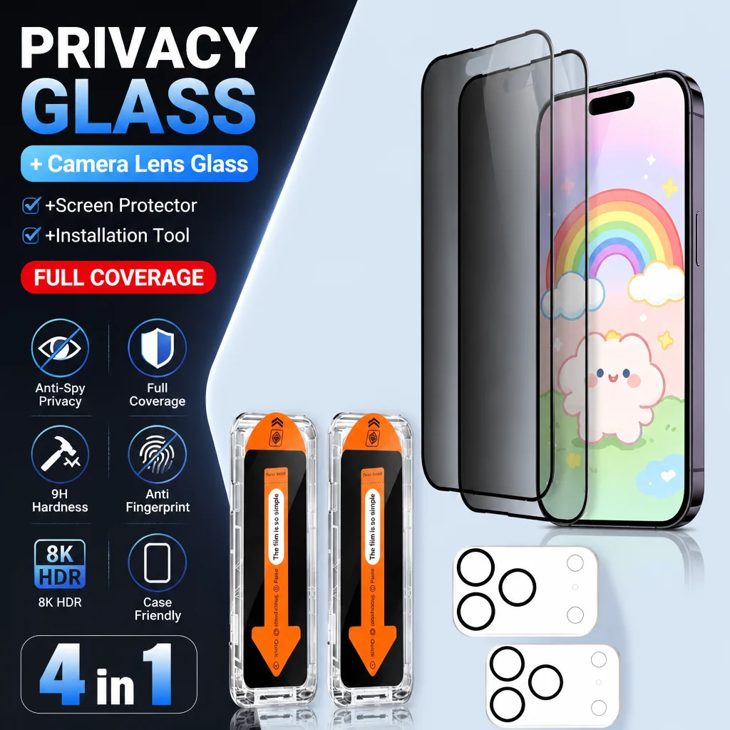 2N2 Blickschutzfolie für iPhone 17 16 15 14 Pro Max Air 17e 16e 13 12 11 Plus, Kameralinsenfolie für 15 14