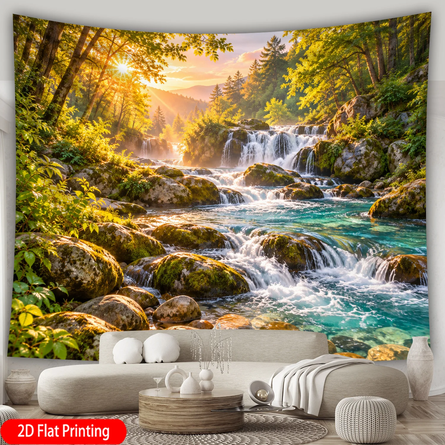 Sunrise Waterfall Tapestry, Turquoise Creek Moss Stones Green Forest Sun Ray Wall Hanging, Peaceful Nature Tapestry for Home
