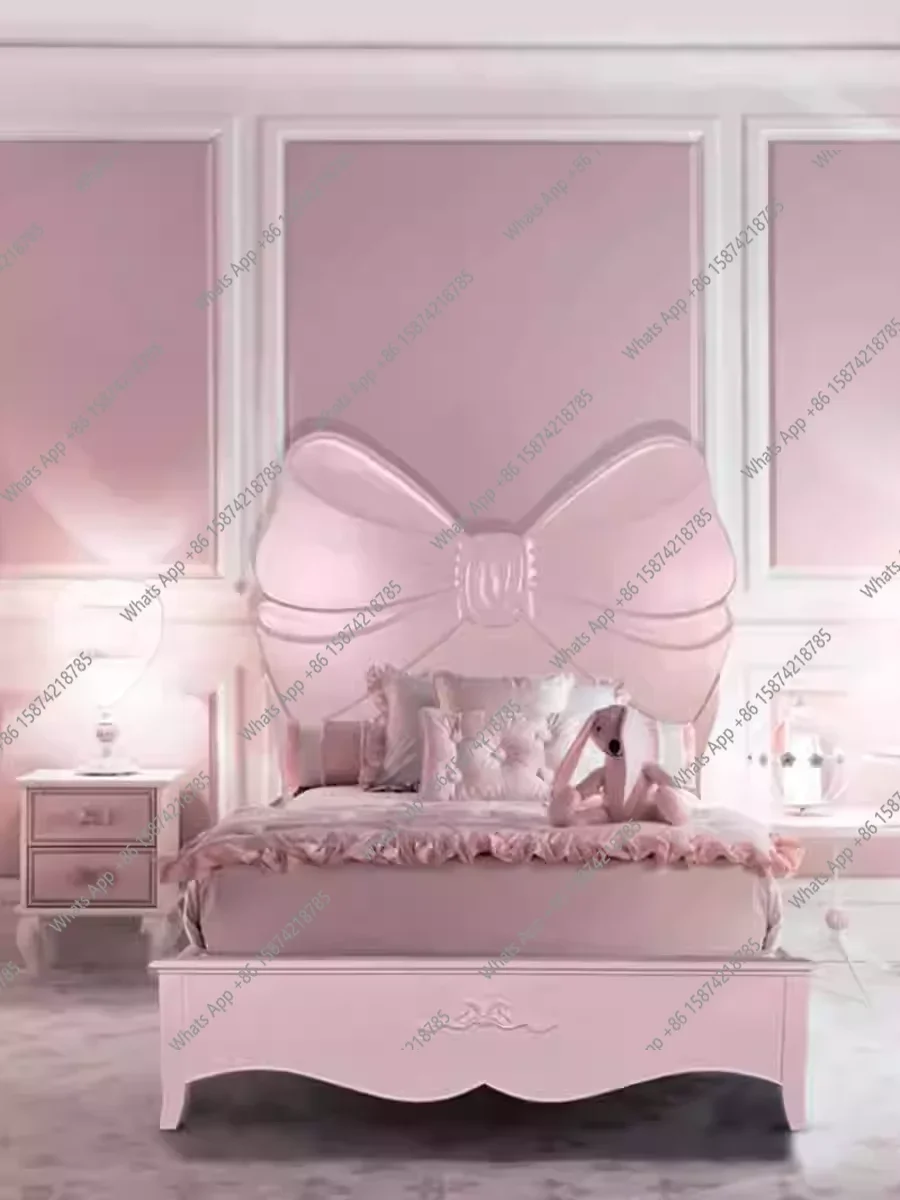 XS European Solid Wood Bed Bow Pink Girl Princess Bed French Light Luxury Master Bedroom Children's American Double