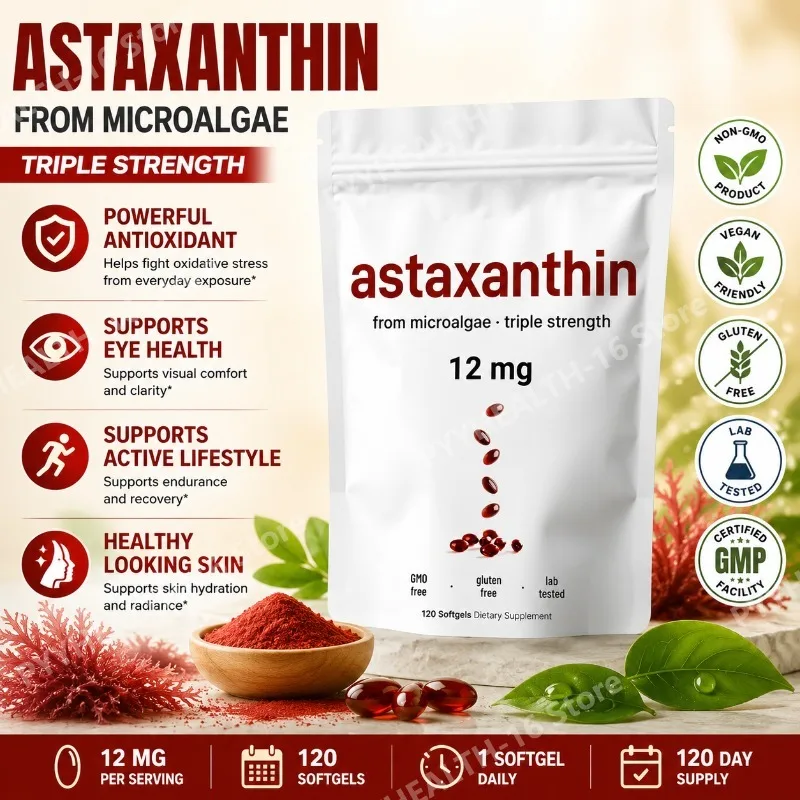 Astaxanthin 12mg Triple Strength Softgels, Antioxidant for Eye, Skin, Joint & Immune Health, From Haematococcus Pluvialis, 120ct