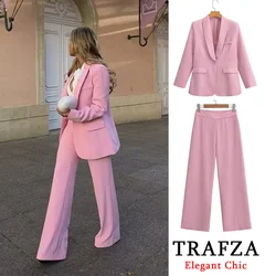 TRAFZA New Arrival Elegant Pink Women's Suit Stylish Pants and Single-Button Blazer Spring Autumn Fashion Blazer Suit