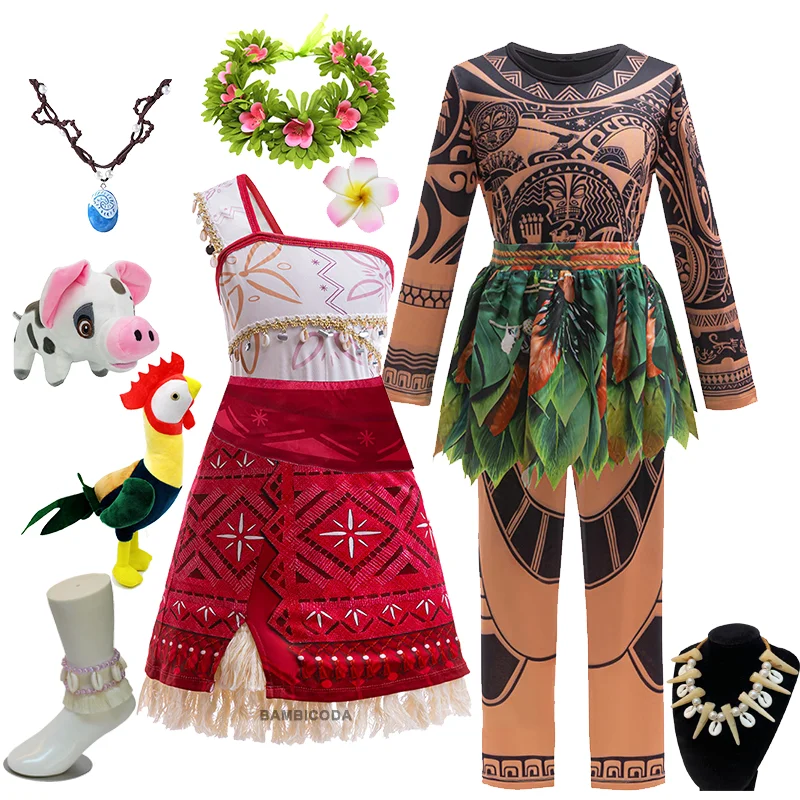 2024 Girls New Movie Moana 2 Dress Christmas Party Adventure Costume Girl Princess Clothes Children Vaiana Pua Pig Maui Costume