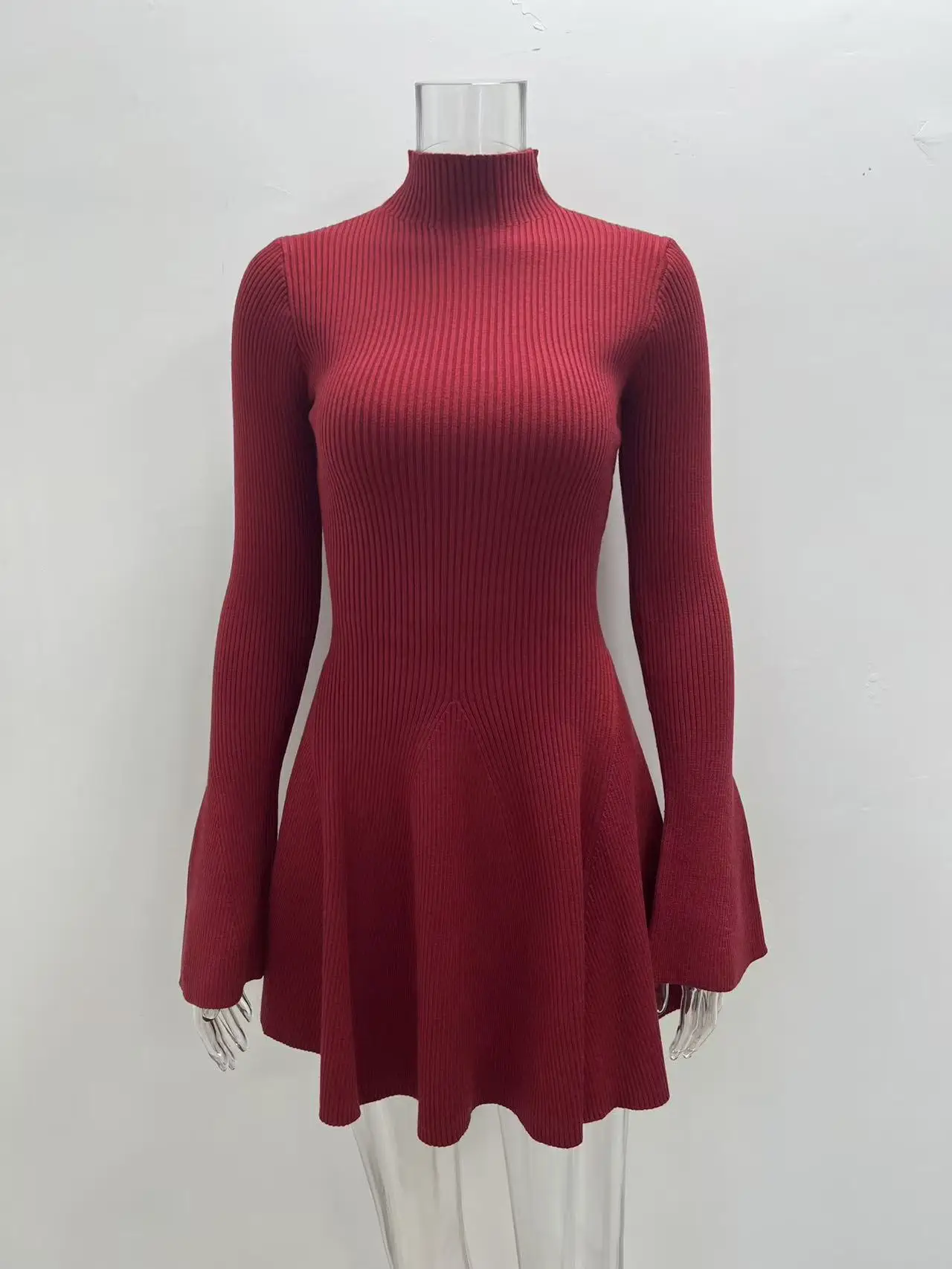 2026 Spring New Women Solid Color High Neck Slim A‑Line Knit Sweater Dress Long Sleeve Casual Knitted Mini Dress