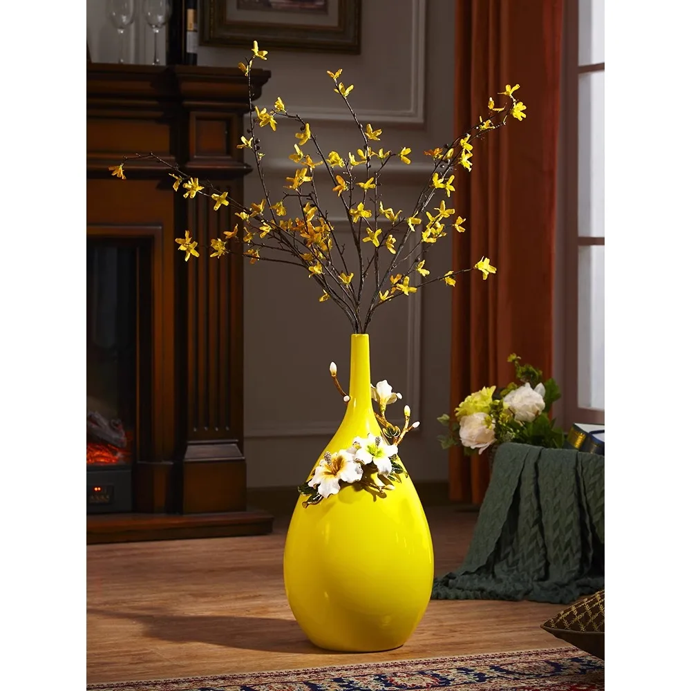 Jingdezhen Yellow Ceramic Vase Decoration, Living Room, Dinner Side Cabinet, foyer, Modern Art Creative Floor to Floor Decorativ