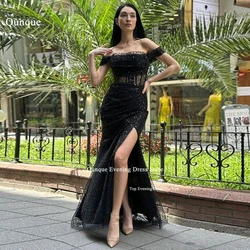 Qunque Mermaid Evening Dresses Customized Luxury Pearls Sequins Rochii De Seara De Calitate High Slit Off Shoulder Party Gowns