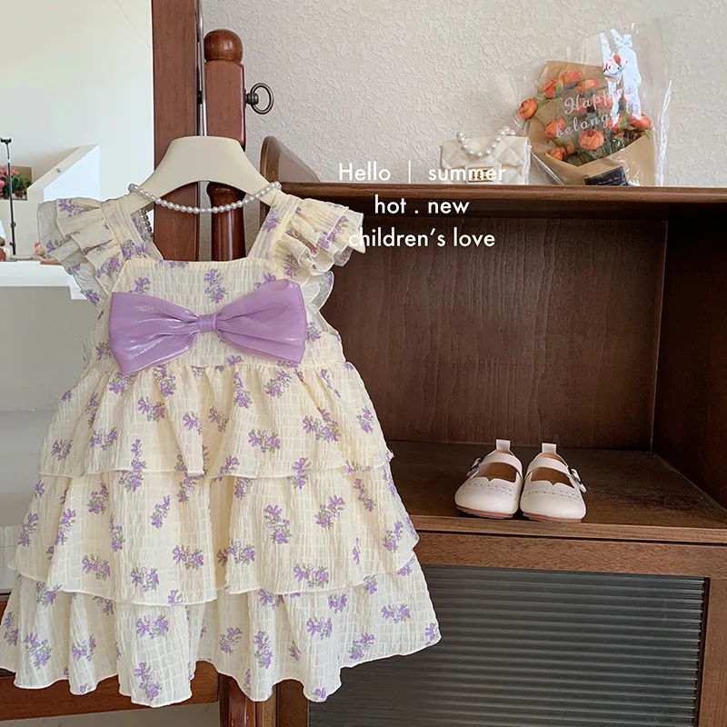 Korean Children's Clothing Girls Floral Slip Dress2024New Summer Fashionable Cake Dress Children's Fresh DressChangx