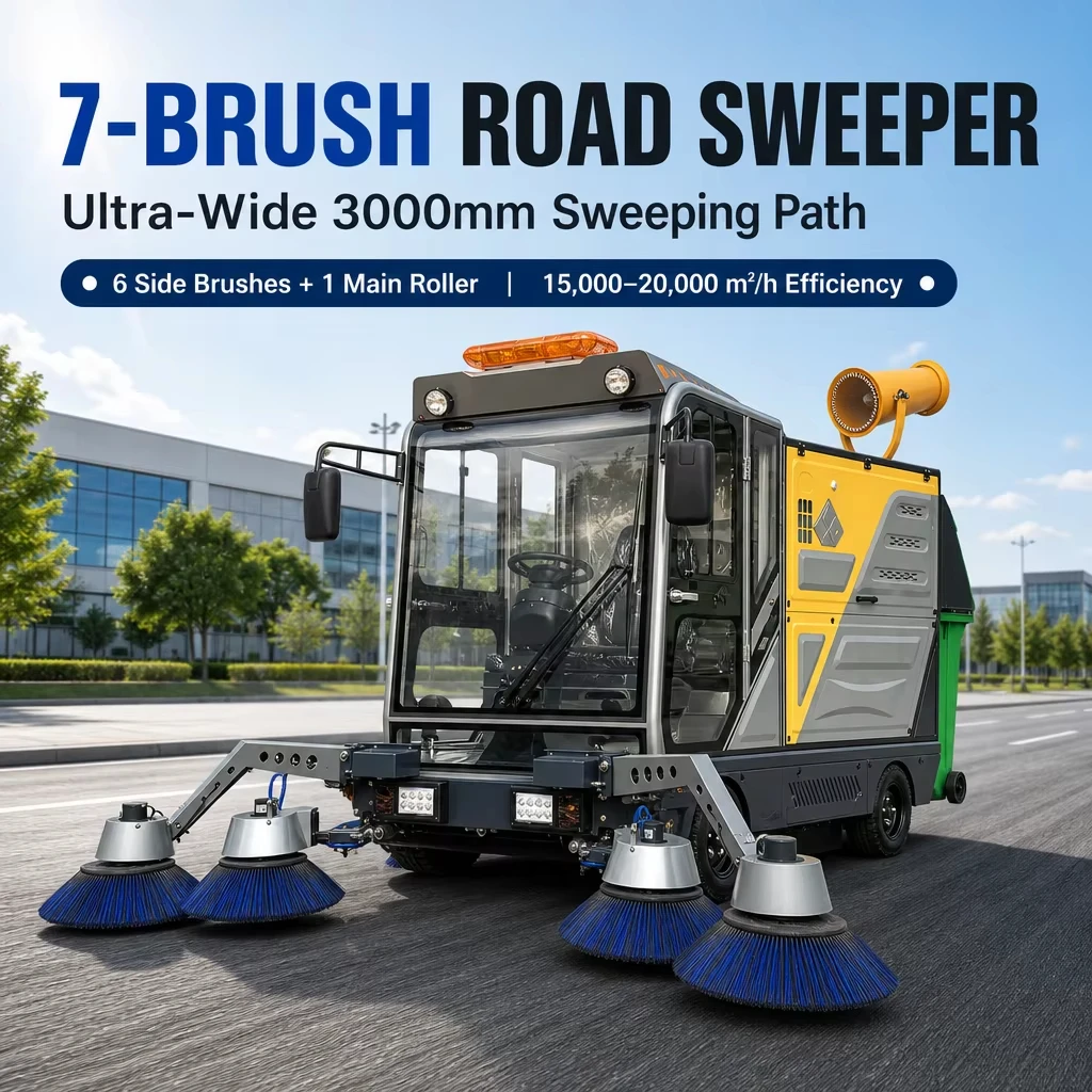 Electric Ride-on Street Sweeper 7-Brush Industrial Floor Cleaning Machine 240L Dustbin with High Pressure Washer for Road Park