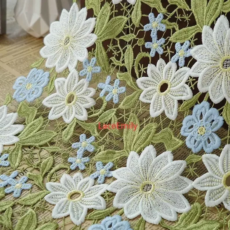 

White cutout flower embroidered fabric floral green leaves Fabric For Girl Dress Tutu Dress Wedding Dress Bridal Veil 1 yard