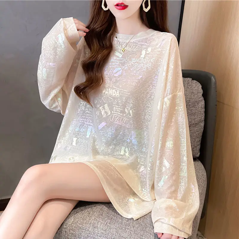 Korean Preppy Style Summer Women\'s O-Neck Printing Sequined Casual Loose Long Sleeve Mid-length Sunscreen Clothing T-Shirts Tops