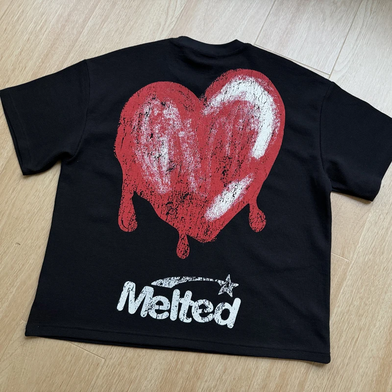Waffle Fabric Skeleton Red Heart Print T Shirt Black Apricot Short Sleeve Men Women Quick Dry Breathe Casual Loose T-shirt Tops