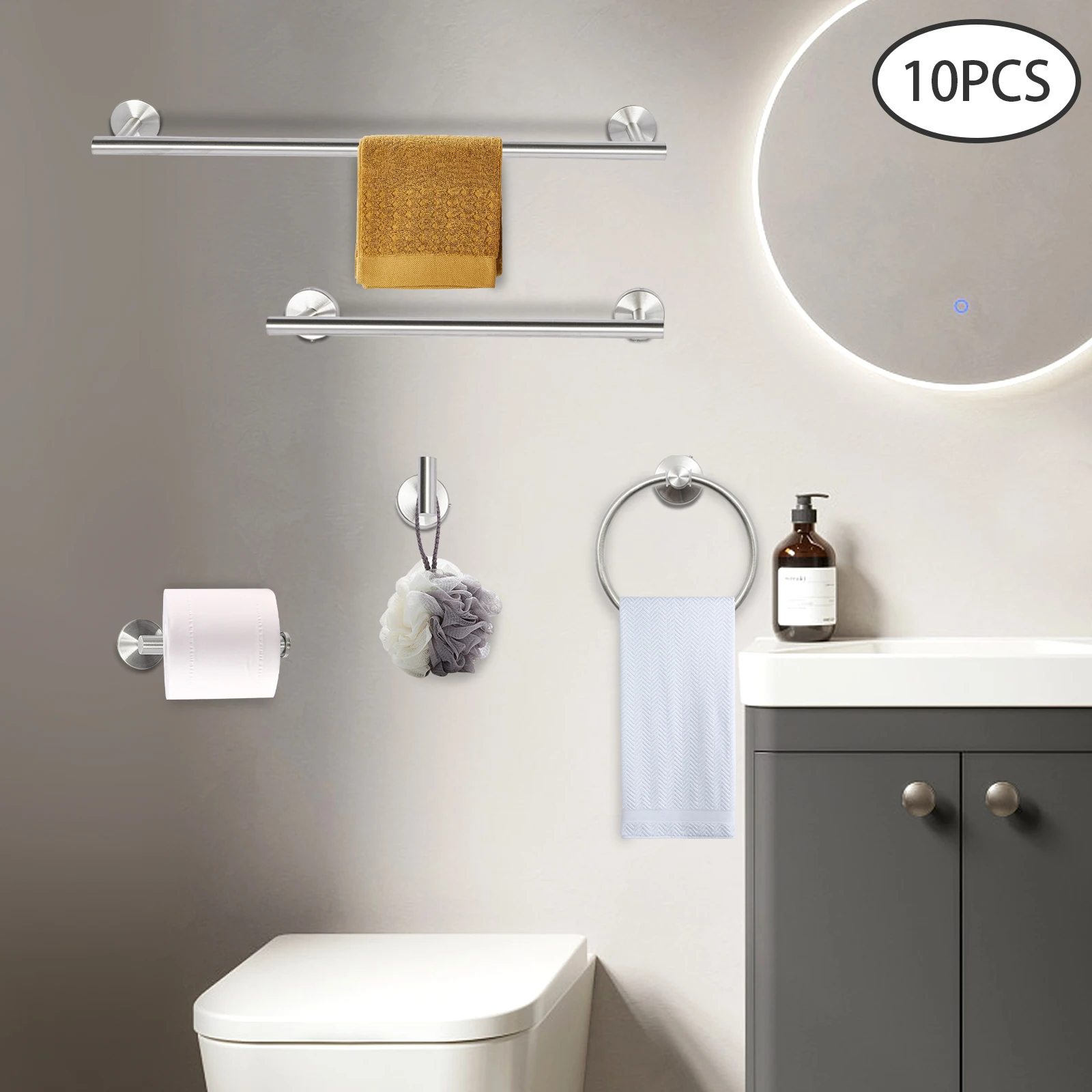 10 Piece Bathroom Hardware Set Bathroom Stainless Steel Accessory Set Towel Racks for Bathroom Silver