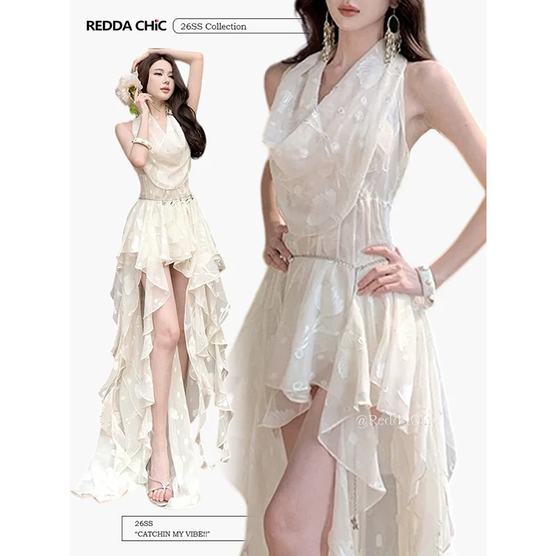 

Женское мини-платье ReddaChic с воротником-хомутом, жаккардовым узором «листья гинкго» в стиле фейрикор, асимметричным подолом и оборками, цельное, для летнего отдыха