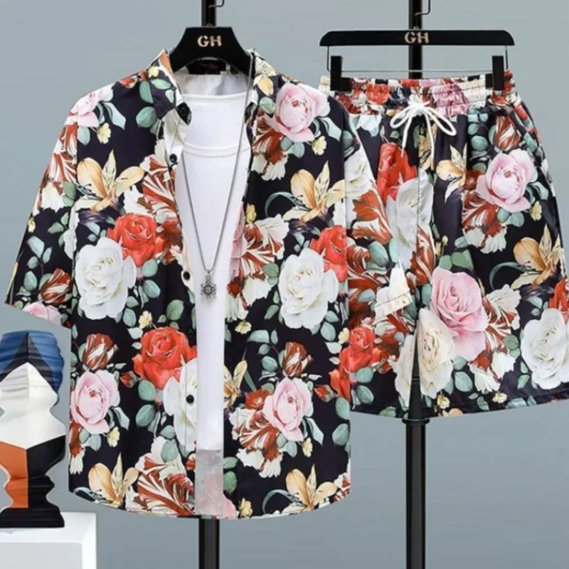 Summer Men Travel Outfit Ice Silk Floral Shirt Set Short Sleeve Handsome Beach Casual Vacation Shorts