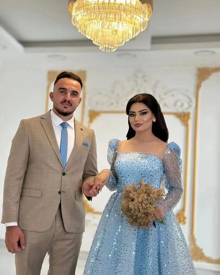 Msikoods gaun pesta Prom wanita payet berkilau biru lengan panjang panjang teh Panjang gaun acara Formal wanita Arab Dubai