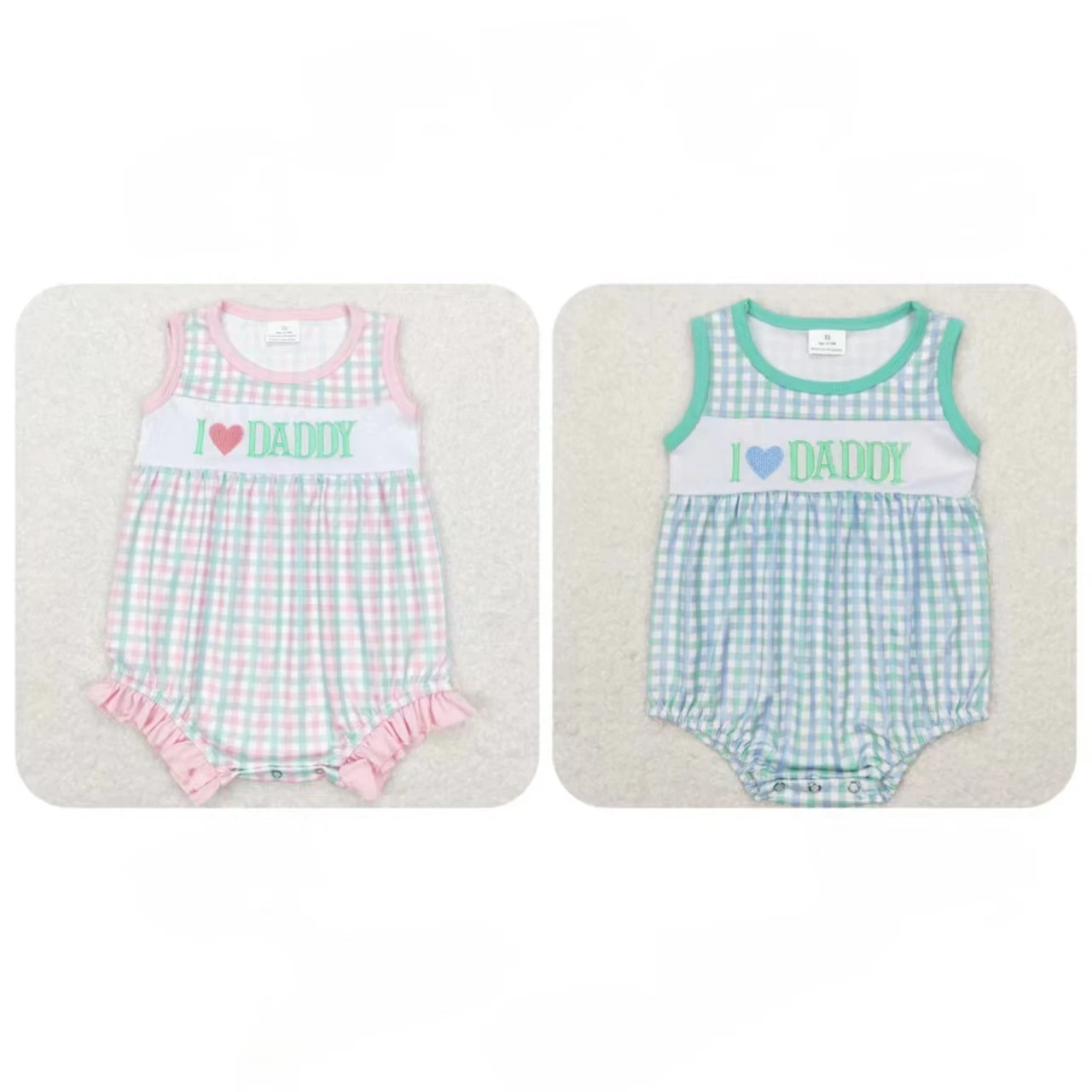 Wholesale Baby Boy Girl I Love Daddy One-piece Plaid Clothes Children Newborn Embroidery Romper Toddler Kids Sleeveless Jumpsuit