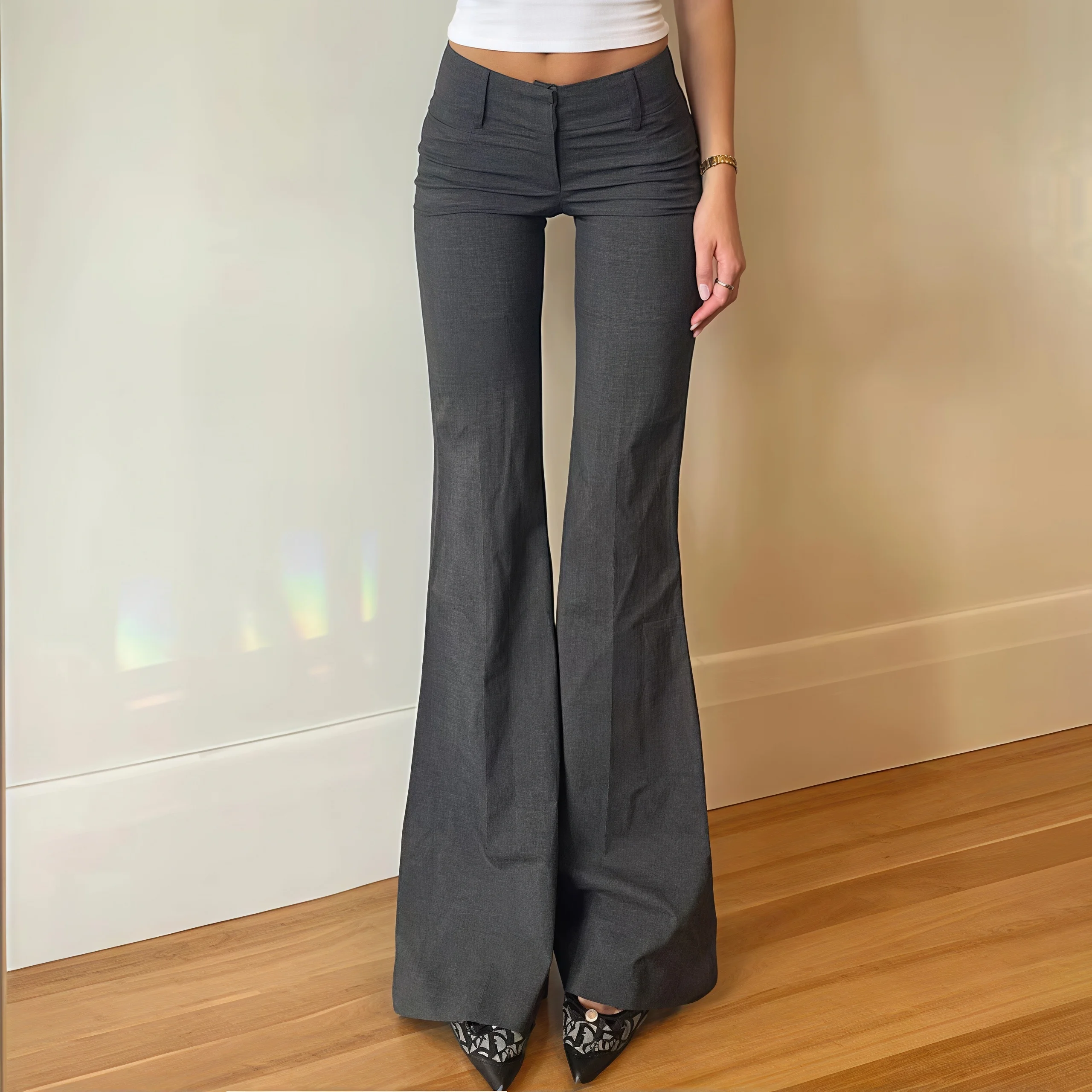 Y2K Retro Low-Rise Geraffte Schlaghose für Damen, Graues Anzugmaterial, Weit Ausgestellte Hose, Vintage Y2K Street Office Casual Lange Hose – Detail 5