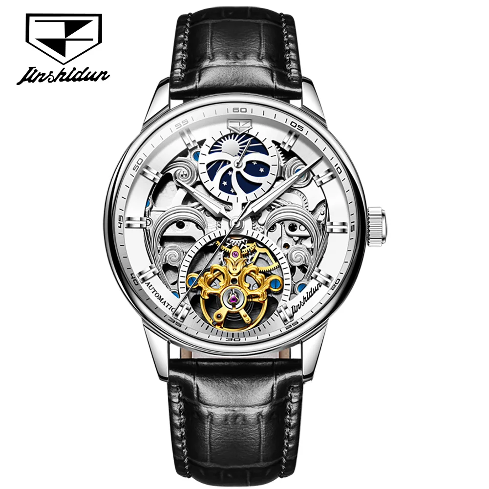 JSDUN Skeleton Watches Mechanical Automatic Watch Men Tourbillon Sport Clock Casual Business Moon WristWatch Relojes Hombre 40mm