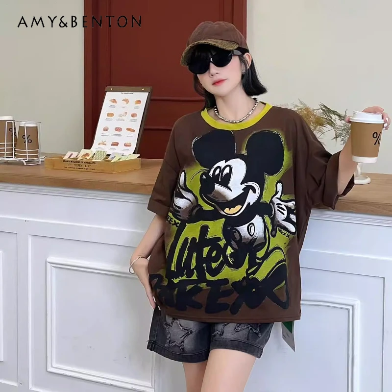 

Trendy Women's Spring New Y2k Cotton Short-sleeved T-shirt With Cartoon Print Loose Fit Distressed Oversized Tshirts Pullovers