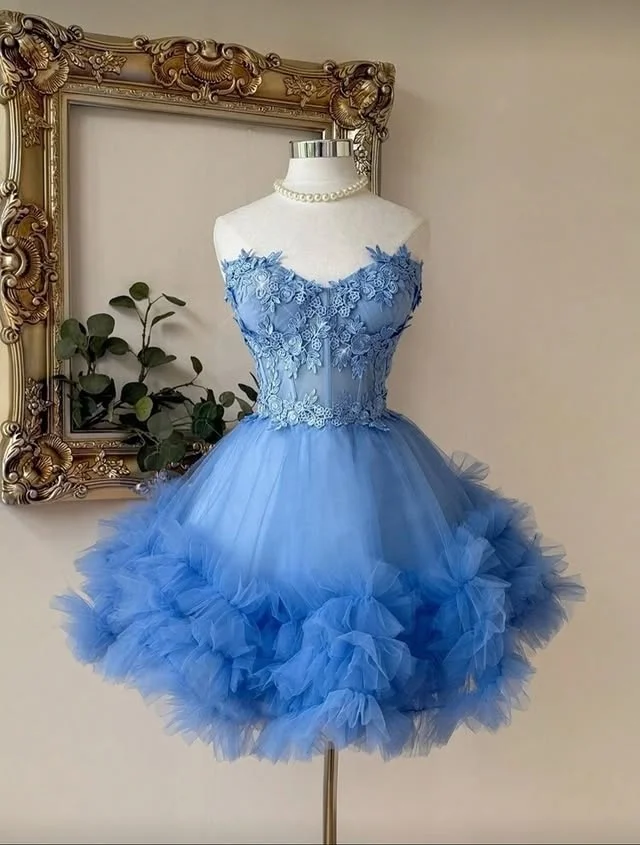 Robe de bal courte en dentelle bleu clair, avec des Appliques, à volants, en Tulle, longueur aux genoux, robe de soirée Cocktail