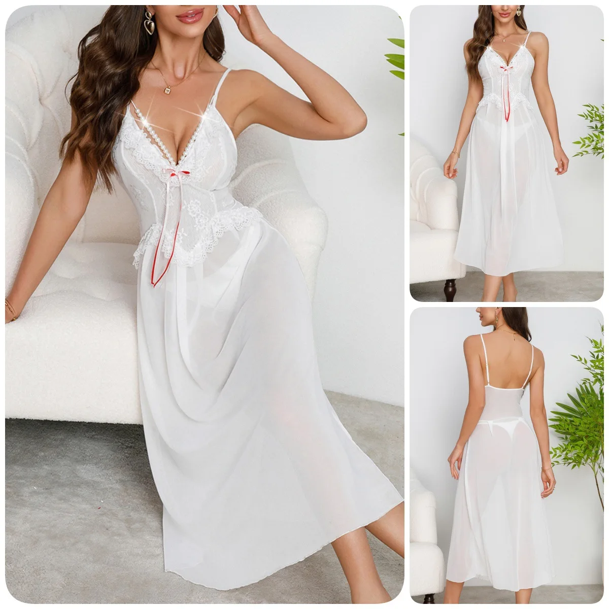 

Women's Perspective Mesh Suspender Nightgown Women French Lace Lace Long Sleepwear Women's Home Wear Pijamas Batas Para Dormir