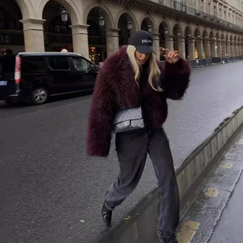 Pop Chic Fluffy Faux Fur Women's Warm Cropped Coat Elegant Long Sleeve Thick Thermal Furry Jacket New Winter Fashion Streetwear