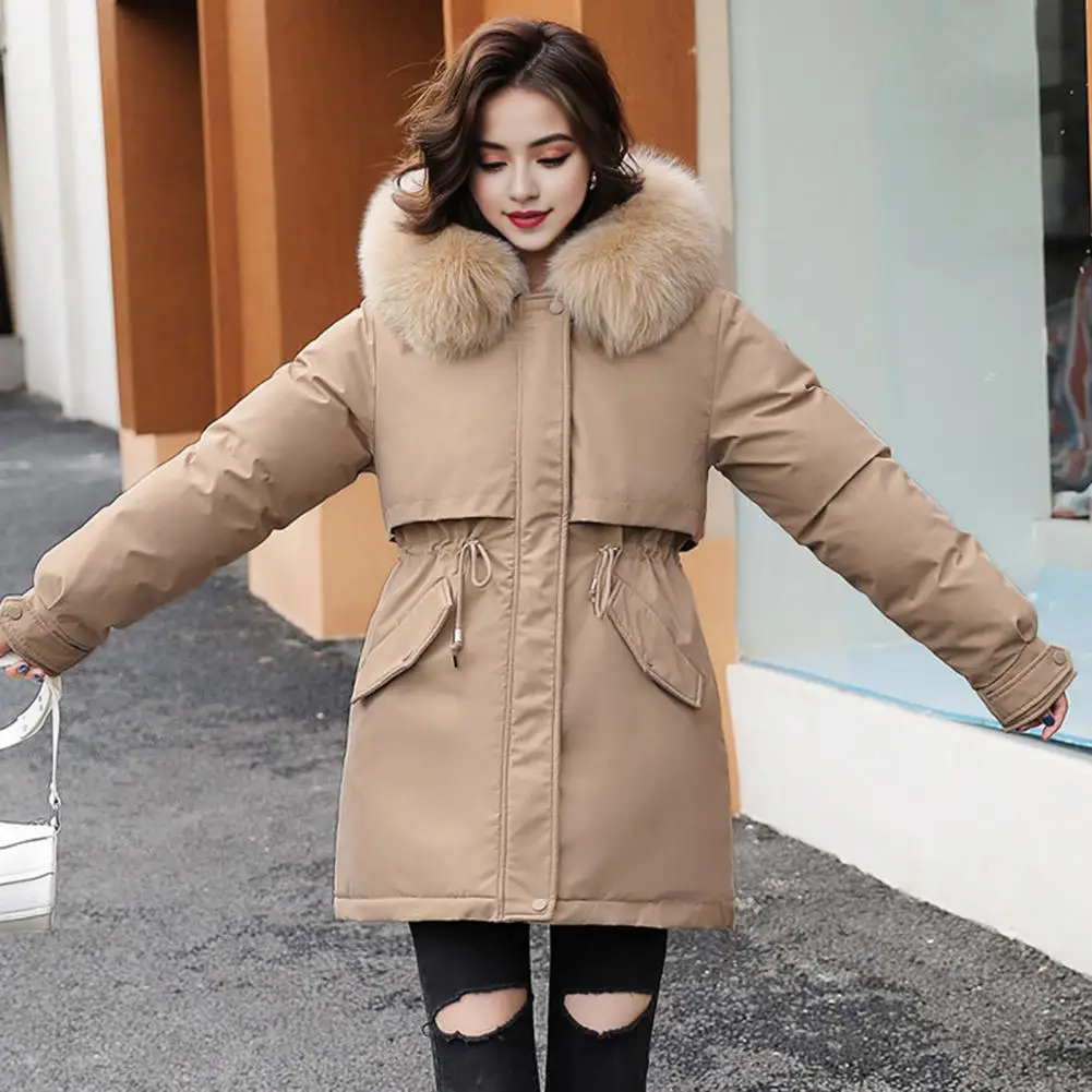 2024 Down Cotton Coat Women\'s Thickened Padded Parkas Plush Fur Hood Winter Cotton Coat Drawstring Trech Style Women Down Jacket