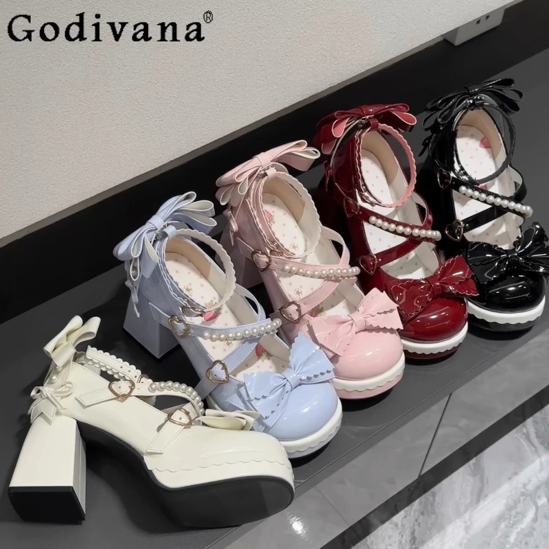 Scarpe originali con tacco alto in stile giapponese da donna Studenti versatili Scarpe eleganti Lolita carine Scarpe estive con punta tonda dolce per ragazze