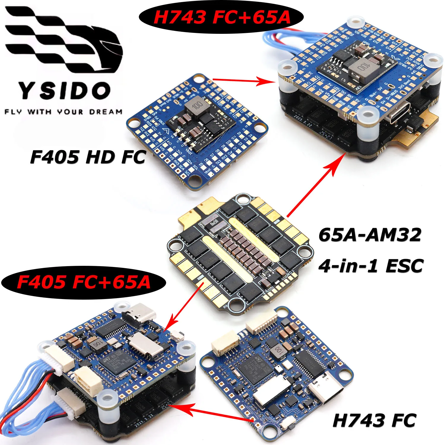 

YSIDO Flight Controller F405 HDTE H743 FC With AM32 65A 4in1 FPV ESC Stack/Flytower For RC Multicopter Quadcopter Racing Drone