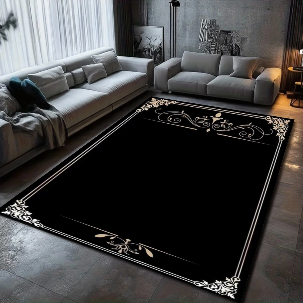 Black Gold Border Area Rug, Geometric Carpet for Living Room Bedroom Office, Non-Slip Floor Mat Modern Entryway Home Decor