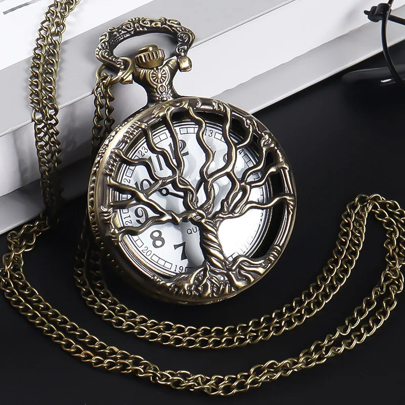 New Clamshell Pocket Watch Simple Lucky Tree Quartz Watch Maple Leaf Lanyard Watch Exam Student's Watch