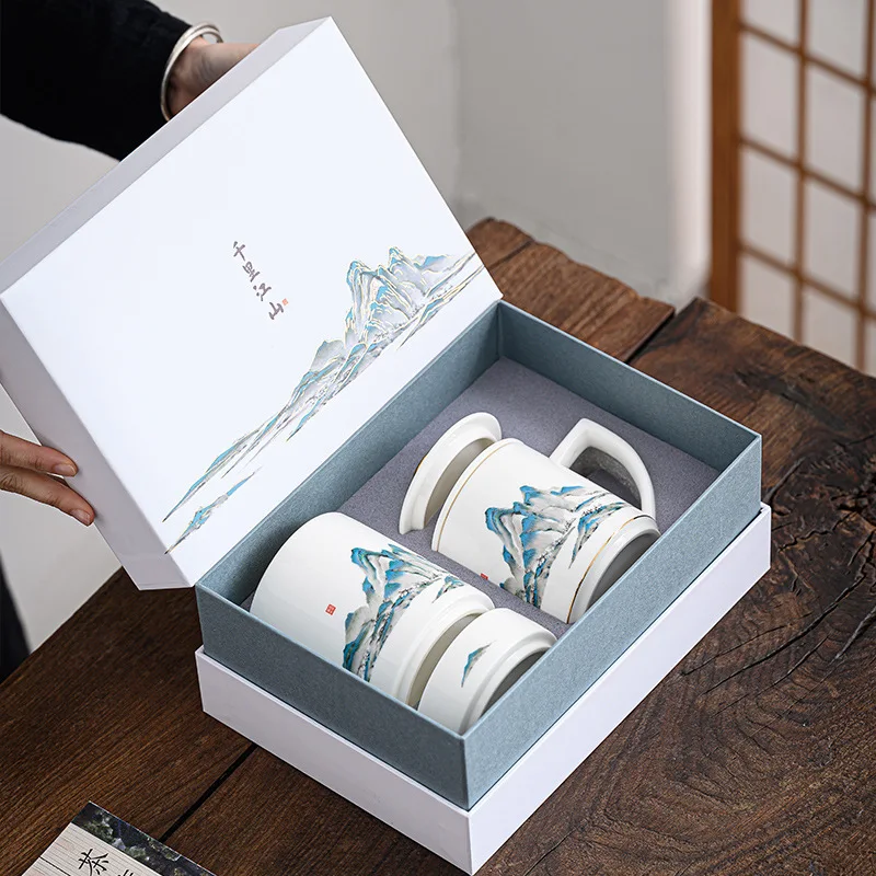 High-end Sheep Fat Jade Thousand Miles of Rivers and Mountains Tea Cup Pen Holder Ashtray Gift Box Set Household Gift with Lid F