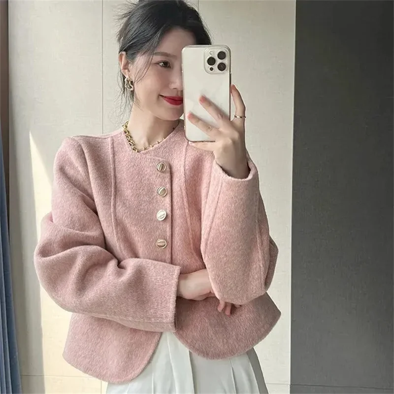 

Small Fragrant Style Short Woolen Jacket Women Spring Autumn Chic Sense Single Breasted Wool Coat Office Ladies O-Neck Outwear