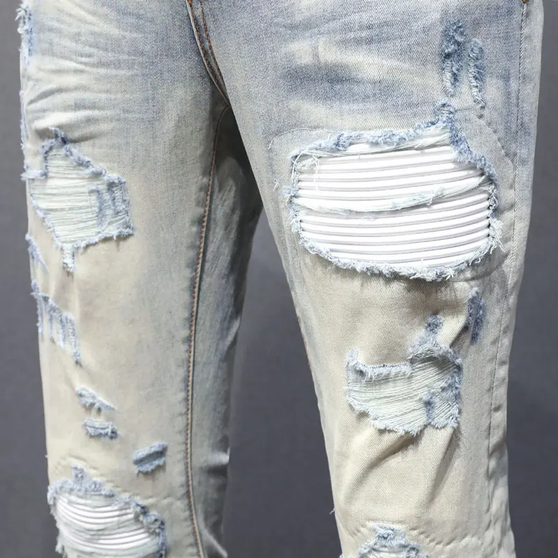 

Street Fashion Designer Men Jeans Retro Washed Stretch Slim Fit White Patched Ripped Jeans Men Hip Hop Brand Denim Pants Hombre