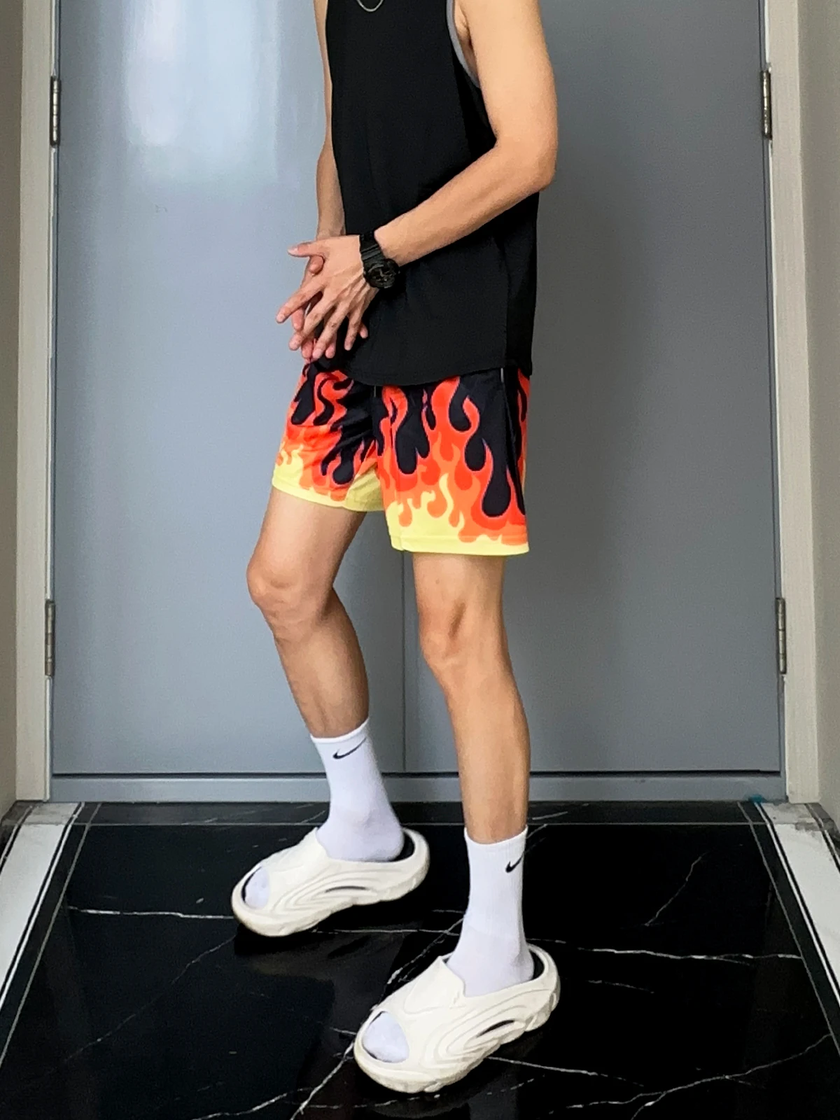 UNCLEBLUE Summer American Baskeall Sport orts Men's Flame Pattern Double Layer Large Me Breathable Straight Leg Casual ...