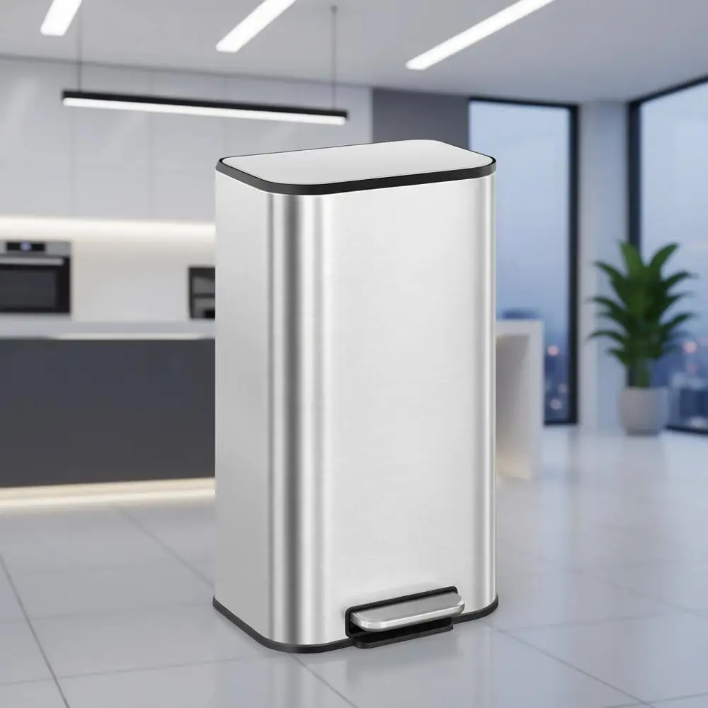 

8-Gallon Stainless Steel Trash Can with Lid, Auto-Closing Feature, Inner Bucket, Wide Pedal, Metallic Silver