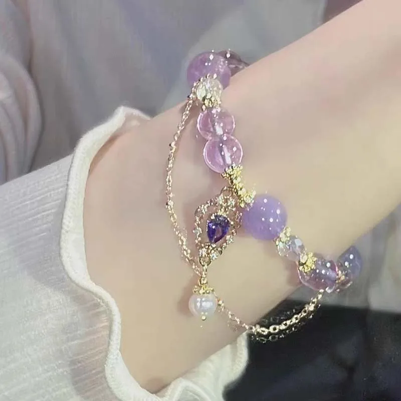 Pulseras de lujo con cuentas de cristal púrpura para mujer, pulseras con colgante de borla de mariposa elegante, joyería de muñeca para niña dulce