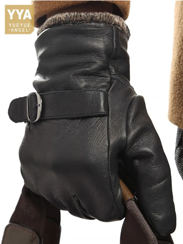 Men Winter Fleece Lining Cow Leather Split Finger Gloves Motorcycle Riding Windproof Genuine Leather Mittens Wrist Driving Glove