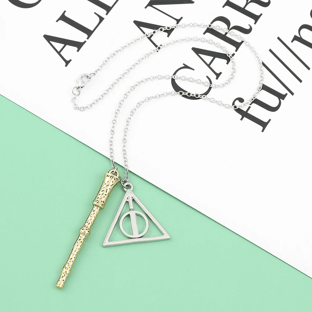 Deathly Hallows Triangle & Magic Wand Necklace - Vintage Creative Movie Character Pendant Accessory for Friends Gift view 3