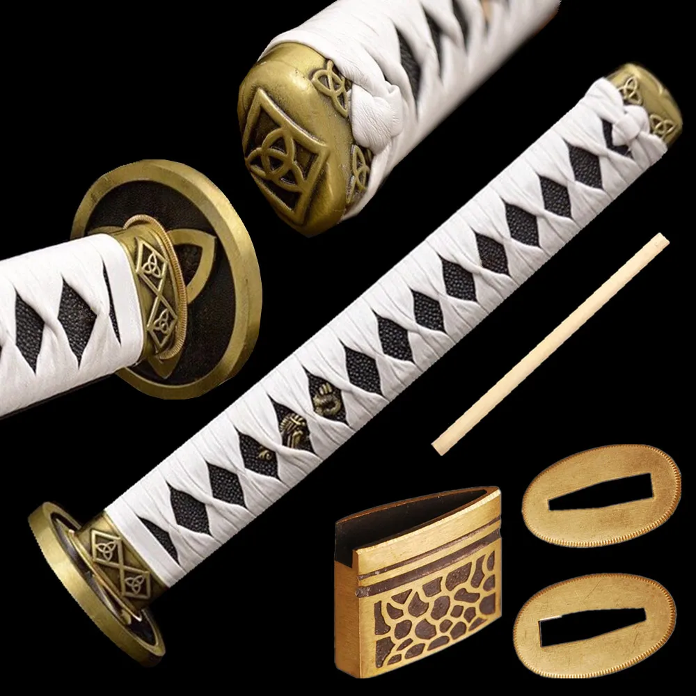 

26cm White Leather Tsuka For Japanese Samurai Katana Sword Guard Fittings Set Tsuba+Menuki+Fuchi+Kashira+Handle+Habaki+Seppa Acc