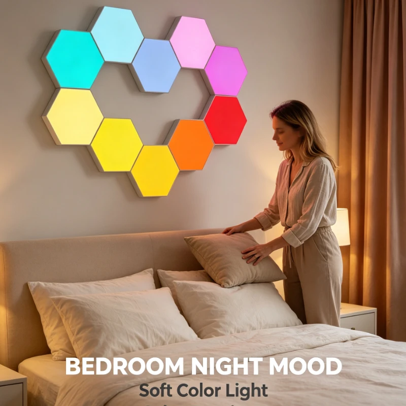 Modular Hexagonal RGB Wall Light Panels With Touch Control And Color Changing Modes For Creative Gaming Room Background Decor