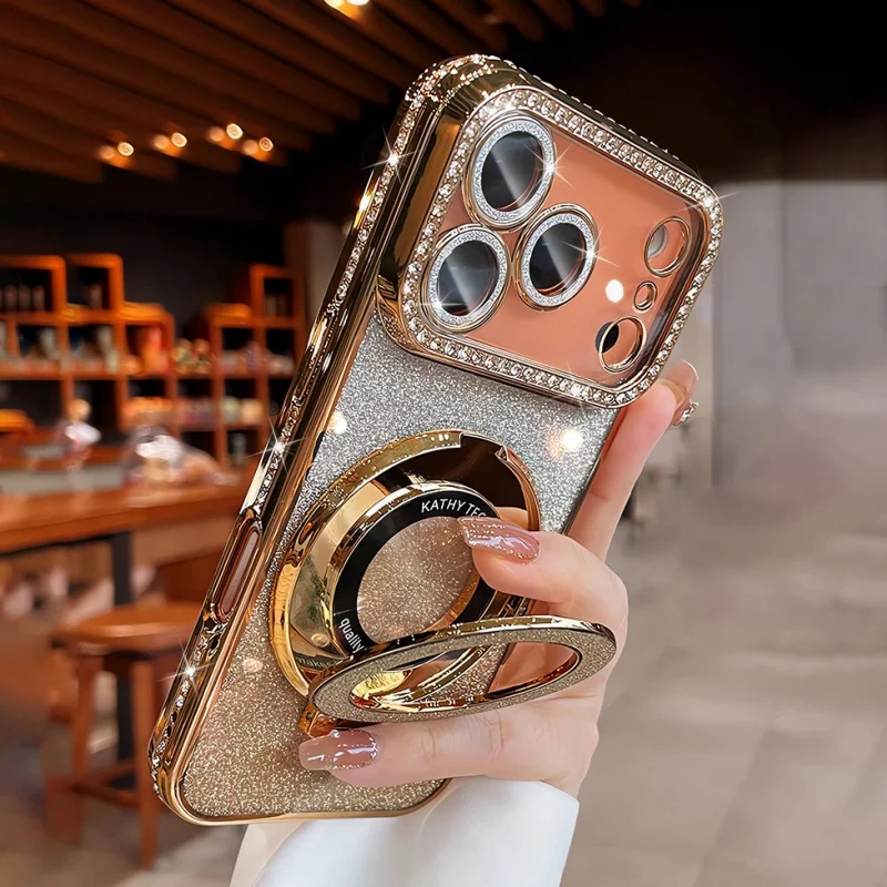 Plating For Magsafe Magnetic Stand Holder Rhinestones Case For iPhone 17 Pro Max 16 11 12 13 14 15 Plus Diamond Bumper Cover