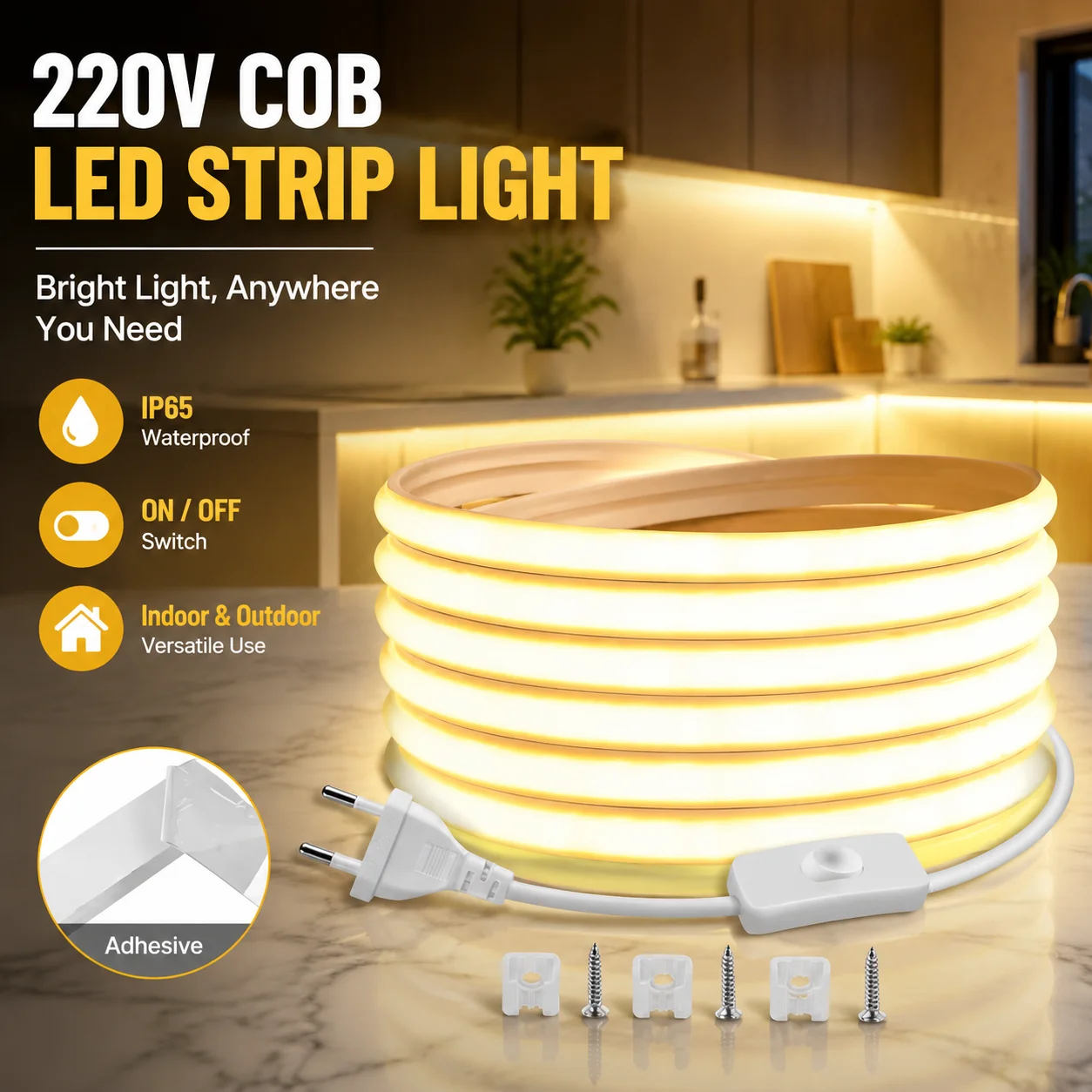 220V COB LED Strip Light IP65 Waterproof Flexible Ribbon with ON/OFF Switch for Bedroom Kitchen Outdoor Garden Lighting