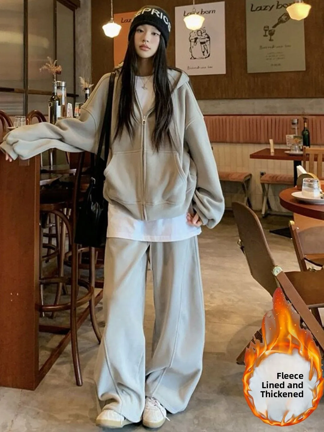 

Women's Double-Sided Fleece Sweatshirt Set Ultra-Thick Sports Wear Wide Leg Pants Hoodie Two-Piece Set Casual Winter Outfit