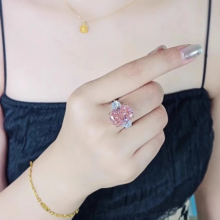 S925 Sterling Silber Ring Mode Leichter Luxus Kissenförmiger Quadratischer Diamantring Hochkarätiger Diamant Rosa Zirkonium Verlobungsring – Detail 6