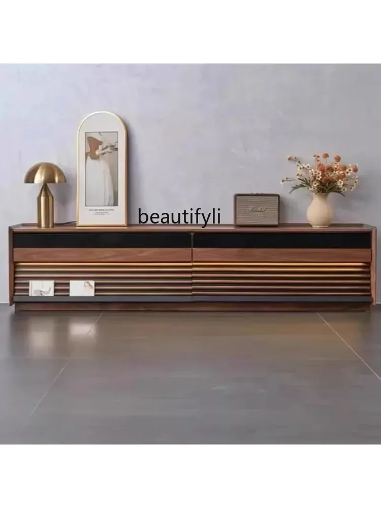 

K185 North America Black Walnut Wooden TV Cabinet Small Apartment Modern Minimalist Glass Locker Solid Wood Furniture