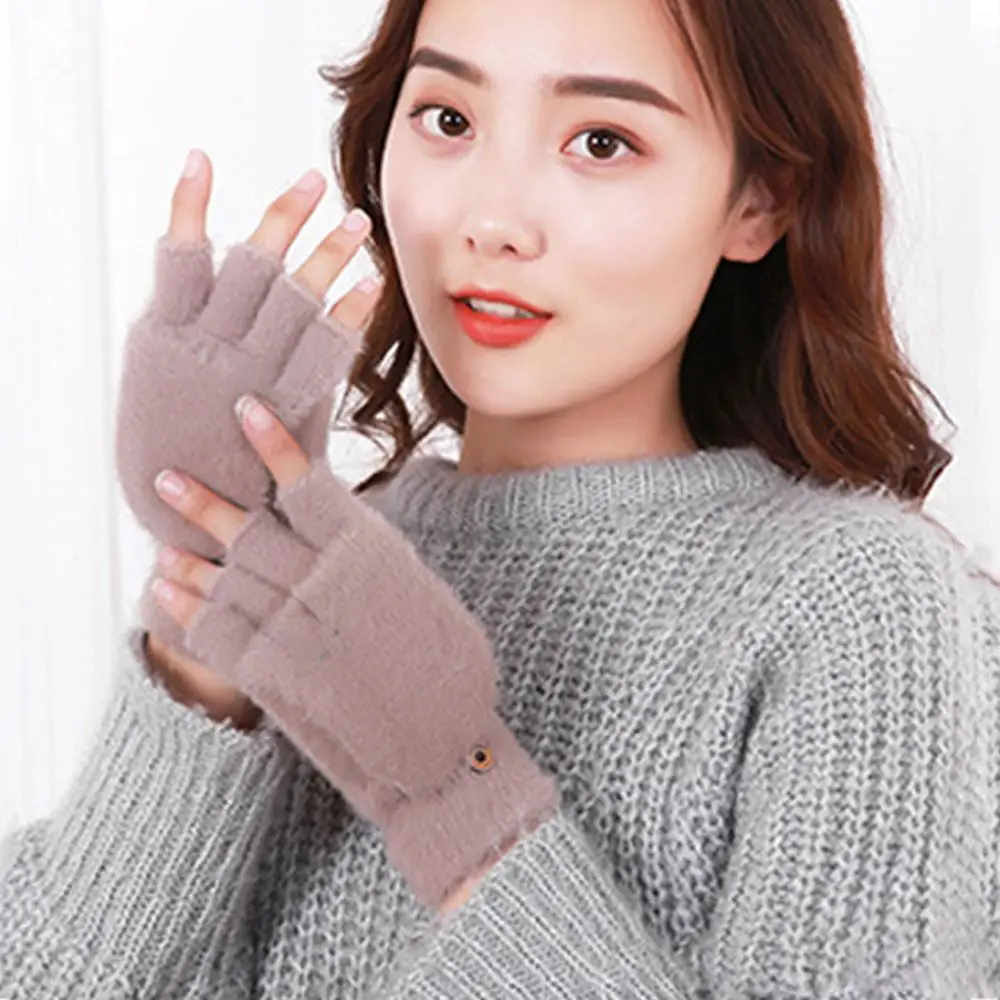 Сплошной цвет, защита рук, полиэстер, норка, милые плюшевые перчатки, перчатки в корейском стиле, перчатки с половиной пальца, осенне-зимние перчатки