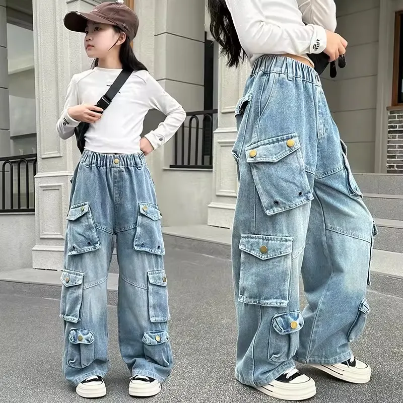 

Kids Girl Vintage Heavy Cargo Jeans For Child y2k Trousers Harajuku Hip Hop Multi Pocket Washed Distressed Straight Denim Pants