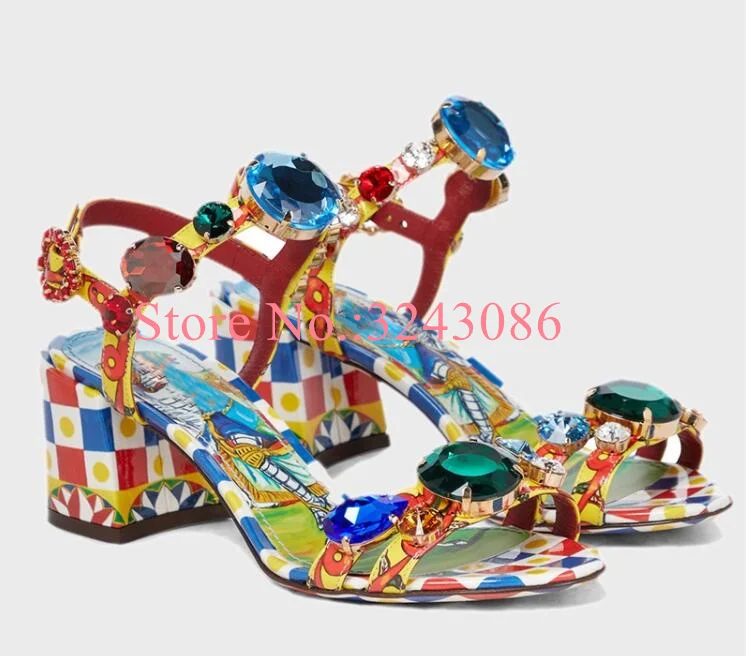 New Crystal Chunky Heel Sandals Woman Fashion Mixed Color Diamond Beach Sandals Sexy Lady Banquet Shoes Dropship